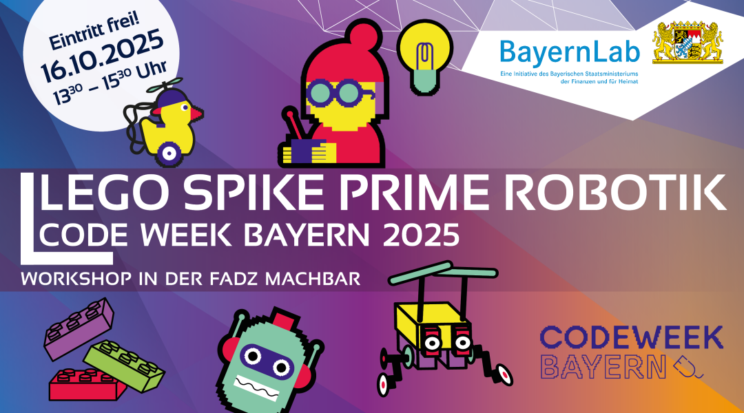Veranstaltungsgraphik zur Code Week Bayern 2025 Veranstaltungsgraphik zur Code Week Bayern 2025 - BayernLab Forchheim on Tour. Bunter Hintergrund mit verschiedenen bunten Aufklebern im Codeweek Design, sehr einfach und bunt. Zu sehen ist ein Laptop mit Maus, eine Roboter Ente, ein Hüpfer-Roboter, Lego Steine, ein 3D-Drucker, eine VR-Brille und ein Roboterkopf. In einem Kreis steht der Text